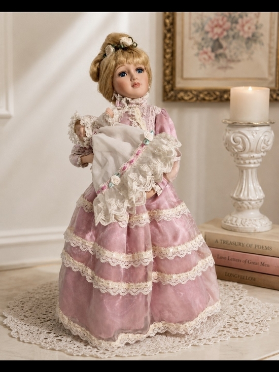 Other - Vintage Victorian Style Porcelain Mother & Baby Doll Pink Lace Dress Collectible